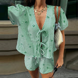 MQTIME  -  Casual Short Sleeve Loose 2Pc Outfits Fashion Striped Embroidery Women Suit Elegant V-neck Tie Up Hollow Shirt & Short Pant Set