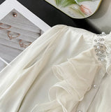 MQTIME  -  Solid Patchwork Appliques Casual Blouse For Women O Neck Long Sleeve Spliced Button Temperament Shirts Female New