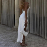 MQTIME  -  Chic Sexy Halter Front Flower Party Dress Spring Solid Ruffles Split Irregular Dress Women Backless Hollow Out Summer Long Dress