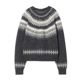 MQTIME  -  Retro Knitted Printed Gray Sweaters Women Casual Loose O-neck Long Sleeve Fair Isle Sweater Female Classic Fashion Versatile Top