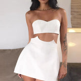 MQTIME  -  New Strapless Top and Short Skirt Sexy Two Piece Set Vacation Party Backless Women's Outfit White Hollow Slim Banquet Suit