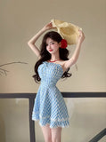 MQTIME  -  Plaid Dresses Women Bandage Sleeveless Slim Lace Patchwork Summer Fashion Sweet Elegant Party Mini Dress Female Casual