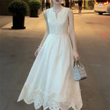 MQTIME  -  French White Lace Embroidery Midi Dress Summer V Neck Sleeveless High Wais Holiday Dresses For Woment Party Robe Clothing J114