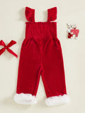 MQTIME  -  Girls Christmas Plaid Ruffle Sleeve Square Neck Smocked Jumpsuit with Bow Detail and Full Length Pants