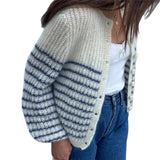  MQTIME  -  Autumn New Color Blocked Striped Cardigan Sweater Women's Round Neck Jacket