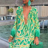MQTIME  -  Women Maxi Dresses Summer Long Sleeve V-Neck Dress Fashion Printed Female Vacation Beach Long Dress Lady Elegant Loose  Robes