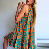 MQTIME  -  Summer Dress Woman 2025 Sexy Halter Sleeveless Loose Mini Dress Spring Floral Print A-Line Pleated Beach Dresses Mujer Vestidos
