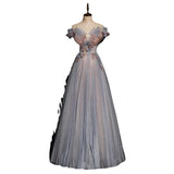 MQTIME  -  Sexy Off Shoulder A-line Tulle Evening Dresses Women Blue Beading Formal Celebrity Prom Gowns Toast Clothing Vestido De Festa