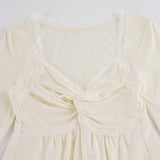  MQTIME  -  Summer Temperament Solid V Neck Half Sleeve Lace Patchwork Folds Casual Women's T-shirts
