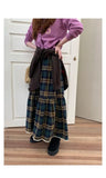 MQTIME  -  Women Vintage Green Plaid Tiered Midi Skirts Elastic High Waist A Line Ruffled Cake Skirt Autumn Casual Preppy Style Long Skirts