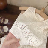 MQTIME  -  Girl's Clothing Sets Summer Korean Thin Knitted Girl Set Children Hollow Breathable Vest + Wide Leg Pants Two-piece Suit