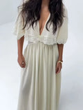  MQTIME  -  Women Casual Dresses Deep V Lace Waist Cutout Maxi Dress Puff Sleeve Flowy Skirt Bohemian Daily Outfit Summer Wear Woman Clothes