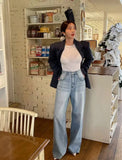 MQTIME  -  French Style High Waist Vintage Washed Flared Jeans Women's Fashion with Love Print Retro Loose Wide Leg Denim Pants Casual