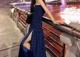 MQTIME  -  Strapless sexy spicy girl style casual versatile pure desire style slit dress plaid skirt