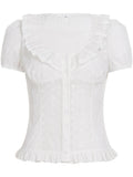 MQTIME  -  Basic Summer Solid U Neck Short Sleeve Single Breasted American College Girls Slim Top Female