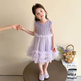MQTIME  -  Girls' Mesh Dress New Princess Puffy Gown Kids Birthday Party Sleevless Tulle Vestidos Children Fashion Lace Clothing 2-10Y