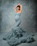 MQTIME  -  Grey Blue Mermaid Maternity Dress for Photo Shoot Ruffles Train Tulle Maternity Dresses Women's Babyshower Gown vestido de novia