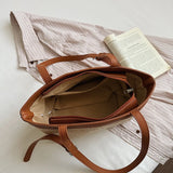  MQTIME  -  Women's Khaki Straw Weave Leather Patchwork Tote Bag Vacation Casual Aesthetic Beach Daily Shoulder Handbag Summer Trend