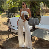 MQTIME  -  Sexy 3D Flower Halter Tops Pants Set Women See Through Sleeveless Backless Vest Wide Leg Pant 2025 Summer Lady Beach Outfits
