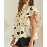 MQTIME  -  Women Button Pleated Lapel Collared Shirt Y2k Polkadot Print Short Flutter Sleeve Crop Top Ruffle Hem Babydoll Blouse