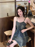 MQTIME  -  Retro Spicy Girl strapless denim dress for women in summer 2024, new waistband irregular ruffled cake short skirt