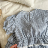 MQTIME  -  New Summer Toddlers Kids Plaid Sets Lace Puff Sleeve Tops Layered Shorts 2pcs Baby Girls Cute Outfits