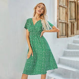 Mqtime -women's Floral Print Dress, Shirred Waist, Flared Hem Dress, Summer Holiday, Short Sleeve, V-neck, A-line Long Dress