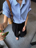 MQTIME  -  Blue Striped Short Sleeved Shirt For Women'S Summer New Minimalist And Versatile Style, Slim And Loose Collar Shirt