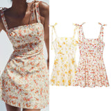 MQTIME  -  Women Floral Print Short Dress With Bow Sexy Backless Sleeveless Beach Style Women's Dress Wave style Hem Female Dresses