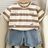 MQTIME  -  2Piece Sets Summer Toddler Boy Outfits Korean Fashion Stripe Cartoon Short Sleeve Baby Tops+Denim Shorts Kids Clothes BC2129