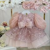 MQTIME  -  Pink Lovely Flower Girl Dresses for Wedding Bow Sequins Knee Length Child Birthday Party Bow First Communion Gowns