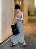 MQTIME  -  Striped Backless Midi Dress for Women A-line High Waist Sling Strapless Long Dress Summer Fashion Sexy Vacation Robe