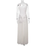 MQTIME  -  Metal Buckle Sheer Mesh Bodysuits Patchwork Maxi Party Dress Women Elegant V Neck Spaghetti Straps Backless Birthday Long Robe