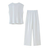 MQTIME  -  Summer Women's New Suits Solid V-Neck Sleeveless Off Shoulder Top+Side Bow Lace-Up Decoration Elastic Waist Pant Mujer