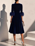  MQTIME  -  Spring Autumn 3/4 Sleeve Elegant Velvet Midi Dress Women's Clothing Casual Party Work Evening Sheath Office Lady Dresses