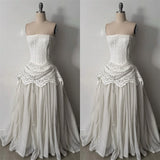 MQTIME  -  Strapless Embossed Lace Corset Wedding Dress White Draped Ruffle Chiffon Flowy Maxi Vintage Cottagecore Bridal Gown