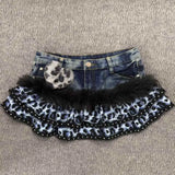  MQTIME  -  Summer Vintage Gothic Denim Skirt Women Y2K Punk Fashion Leopard Print Mini Skirt Grunge Streetwear Fur Patchwork Clothes New