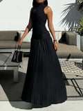 MQTIME  -  Black Dress For Women Summer Sleeveless Fashion Split-Joint High Neck Pleated Bodycon Party Evening Maxi Dresses