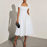 MQTIME  -  Elegant Wave Square Collar A-Line Long Dresses Woman Spring Solid High-waisted Office Dress Summer Short Sleeve Loose Boho Dress