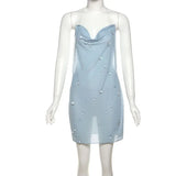 MQTIME  -  Blue Halter Neck Dress Sexy See-through Backless Sleeveless 3d-water-droplet Women's Mini Dress Summer Beach Vacation Robe