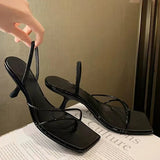 MQTIME  -  High heeled sandals French style slim strap with square toe design, high-heeled cool slippers