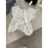  MQTIME  -  Summer Vacation Vintage Embroidery Crochet Solid V Neck Short Sleeve Women Blouse