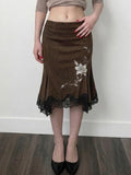 MQTIME  -  Vintage Flower Print Summer Temperament Medium Strecth Irregular Lace Patchwork Women's Skirts