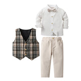 MQTIME  -  Autumn Children's Boys Long-sleeved Shirt Long Pants British Checked Vest Three-piece Set Toddler Baby Performance Clothing Suit