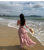 MQTIME  -  New French Sweet Pink Ruffles Beach Holiday Sleeveless Dress Women O-neck Slim Print Midi Tank Cake Long Dress Vestidos