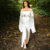  MQTIME  -  Maternity Off Shoulder Lace Maxi Dress Bell Sleeves Pregnant Long Gown Dresses For Photoshoot Baby Shower