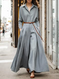 MQTIME  -  British Style Long Sleeves Pleated Lapel Wide Leg Jumpsuits Women 2024 New Spring Autumn Casual Office Grey Jump Suits