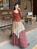 MQTIME  -  Vintage Autumn Bohemian Two Piece Sets Women's Red Elegant Long Sleeve Halter Pleated Tops And Plaid Patchwork A-line Long Skirt