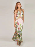  MQTIME  -  Print Long Dress For Women Stand Deep V-neck Sleeveless Backless Waist Cinching Robe Summer Elegant Female Party Dresses
