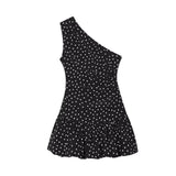 MQTIME  -  Polka Dot Slanted Shoulder Fashion Women Dress 2025 New Slim Sleeveless Black Party Dress For Summer Streetwear Woman Clothing